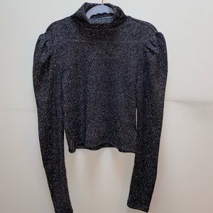 SILVER REFLECTIVE FAUX TURTLE NECK WITH PUFFED SLEEVES